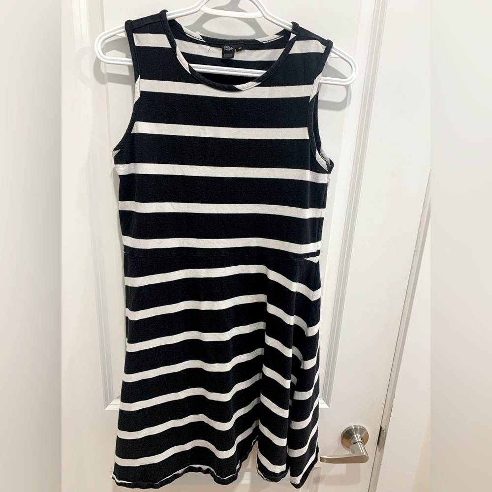 Icōne black and white striped, cotton, skater dress.
